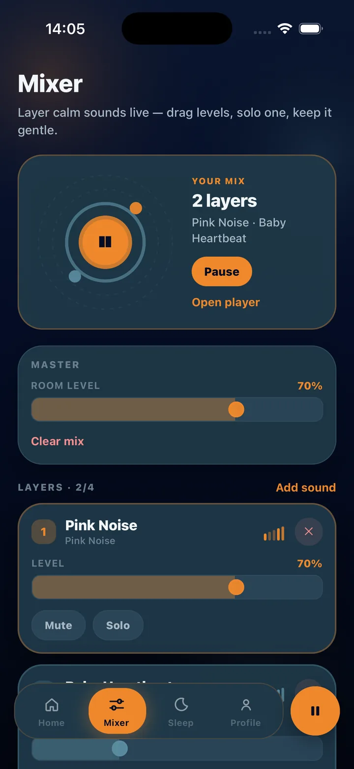 Sound mixer with a two-layer mix of pink noise and baby heartbeat, a master room level and per-layer sliders with mute and solo