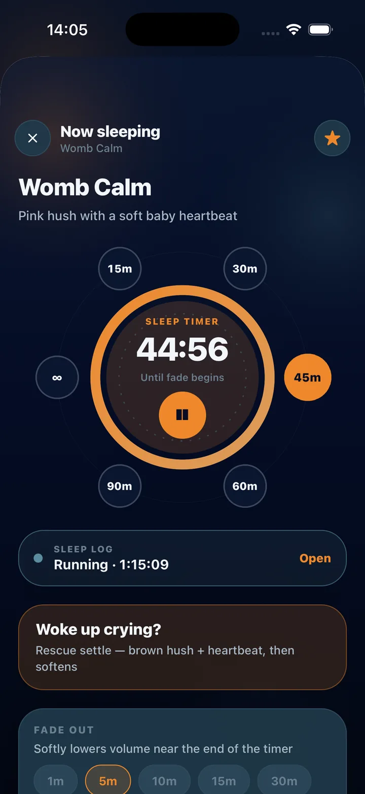 Now Playing screen with a baby sleep sound running, sleep timer, fade-out and Rescue mode for night wake-ups