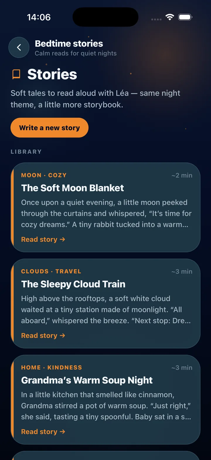Bedtime stories library with calm short stories and a Write a new story button